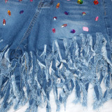 Plus Size Denim Rhinestones Tassel Jeans Shorts SH-390340