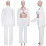 Solid Bra Top+Long Sleeve Shirt+Pants 3 Piece Sets SH-390377