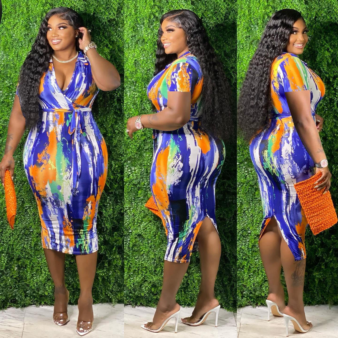 Dear Fashion Plus Size Printed V Neck Split Sashes Midi Dress ME 6119 dear-fashion-plus-size-printed-v-neck-split-sashes-midi-dress-me-6119