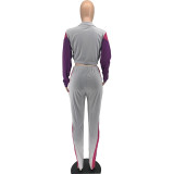 Plus Size Patchwork Long Sleeve Zipper 2 Piece Pants Sets WAF-7091236