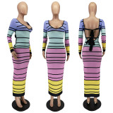 Sexy Striped Backless Long Sleeve Slim Maxi Dress WSM-5330