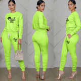 Pink Letter Print Long Sleeve 2 Piece Pants Sets XMF-154