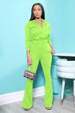 Solid Long Sleeve Zipper Top Flare Pants 2 Piece Sets TMF-80112
