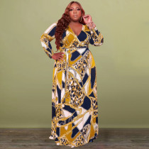 Plus Size Printed V Neck Long Sleeve Sashes Maxi Dress OSIF-22429