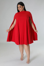 Plus Size Solid Pleated Knee Length Loose Dress SLF-7065