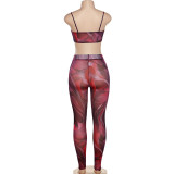 Sexy Mesh Print Hollow Sling Top And Pants Set XEF-K22S14724