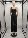 Solid Sleeveless Bodysuit+Hole Wide Leg Pants 2 Piece Sets MTY-6635