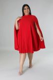 Plus Size Solid Pleated Knee Length Loose Dress SLF-7065