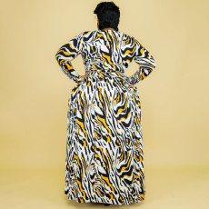 Plus Size Leopard Print Long Sleeve Maxi Skirt 2 Piece Sets OSIF-22458