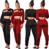 Sexy Hollow Out Long Sleeve Stacked Pants 2 Piece Sets OY-6379
