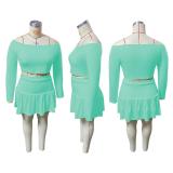 Plus Size Solid Long Sleeve Crop Top Mini Skirt 2 Piece Sets ME-6088