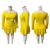 Plus Size Solid Long Sleeve Crop Top Mini Skirt 2 Piece Sets ME-6088