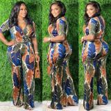 Plus Size Printed V Neck Short Sleeve Sahes Jumpsuit ME-6061