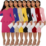 Solid Long Sleeve V Neck Peplum Bodycon Midi Dress MIL-L345