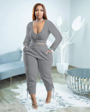 Plus Size Solid Long Sleeve Slim 2 Piece Pants Sets PHF-13302