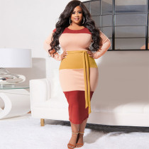 Plus Size Color Splice Long Sleeve Sashes Midi Dress OSIF-22499