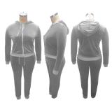 Plus Size Velvet Hooded Zipper Coat Pants 2 Piece Sets ME-6092