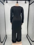 Plus Size Solid Long Sleeve Split Two Piece Pants Sets XYKF-9859