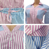 Stripe Print Colorblock Long Sleeve Shirts Shorts Set GOSD-XM1236