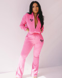 Pink Letter Zipper Coat And Pants 2 Piece Sets XMF-156