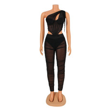 Fashion Sexy Mesh Perspective Irregular Top And Pants Two Piece Set GOSD-OS6374