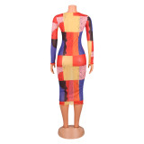Fashion Sexy Mesh Print Long Sleeve Midi Dress GOSD-OS6084
