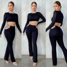 Solid Slim Long Sleeve Hollow Pants Two Piece Set GOSD-OS6111