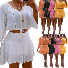 Solid V Neck Top Pleated Mini Skirt 2 Piece Sets OMY-81036