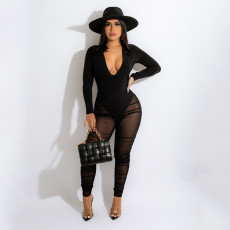 Sexy V-Neck Long Sleeve Bodysuits Mesh Pants 2 Piece Set GOSD-OS6352