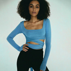 Sexy Solid Long Sleeve Bandage Crop Top FL-22166