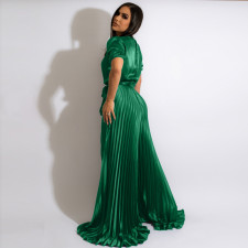 Sexy V Neck Pleated Wide Leg Sashes Jumpsuit MUE-7622