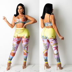 Print Sling Top And Pants Two Piece Sets(Without Belt) GOSD-OS6180