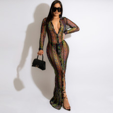 Sexy Printed Mesh See-Through Long Sleeve Split Maxi Dress (With Briefs)MUE-7624