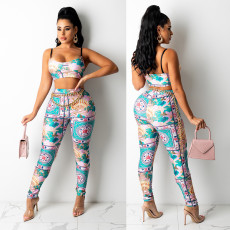 Print Sling Top And Pants Two Piece Sets(Without Belt) GOSD-OS6180