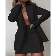 Solid Long Sleeve Blazer Coat Mini Skirt 2 Piece Sets XMEF-1192