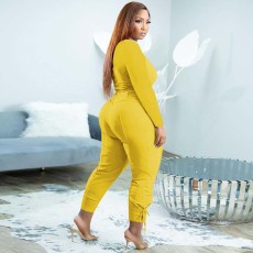 Plus Size Solid Long Sleeve Two Piece Pants Sets XMEF-1191