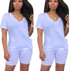 Plus Size Solid V Neck T Shirt And Shorts 2 Piece Sets MUE-2811