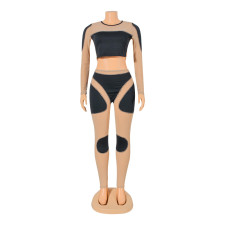 Fashion Mesh Splice Long Sleeve Two Piece Pants Set GOSD-OS6399