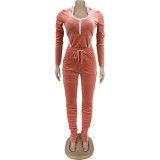 Velvet Hooded Top Stacked Pants 2 Piece Sets FNN-8688