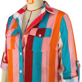Colorful Striped Long Sleeve Long Shirt Dress GZYF-8095