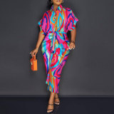 Colorful Printed Short Sleeve Midi Shirt Dress NY-10238