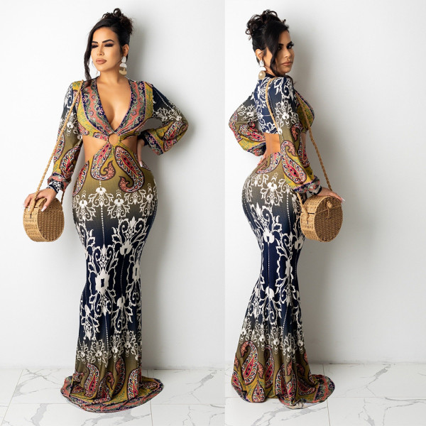 Sexy Hollow Long Sleeve Printed Maxi Dress GOSD-OS6243