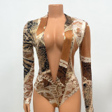Printed Long Sleeve V-Neck Bodysuit And Pants Two Piece Set GOSD-OS6501