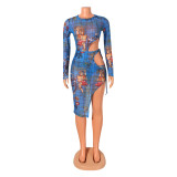 Sexy Mesh Print Long Sleeve Bodysuits And Skirt Two Piece Set GOSD-OS6312