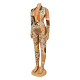 Printed Long Sleeve V-Neck Bodysuit And Pants Two Piece Set GOSD-OS6501