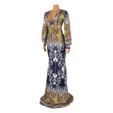 Sexy Hollow Long Sleeve Printed Maxi Dress GOSD-OS6243