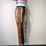 Fashion Splice Hollow Bandage PU Leather Pants GWDS-211107