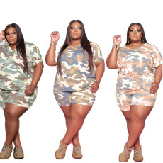 Plus Size Camouflage Print Short Sleeve Shorts 2 Piece Set GWDS-210415