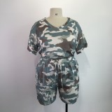 Plus Size Camouflage Print Short Sleeve Shorts 2 Piece Set GWDS-210415