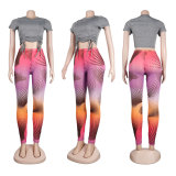 Casual Drawstring T Shirt+Printed Pants 2 Piece Sets FSXF-F361